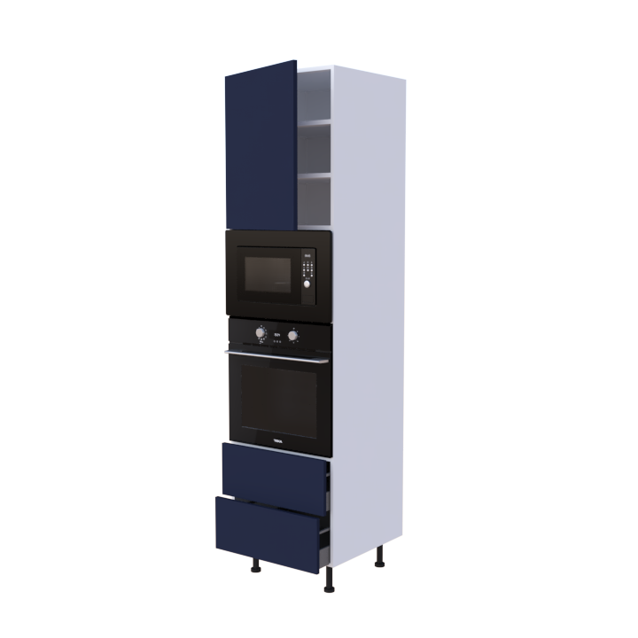 Colonne 1 placard + 2 tiroirs + four et micro-onde L60 x H220 x P58 - Bleu Marine Mat - meuble livré monté