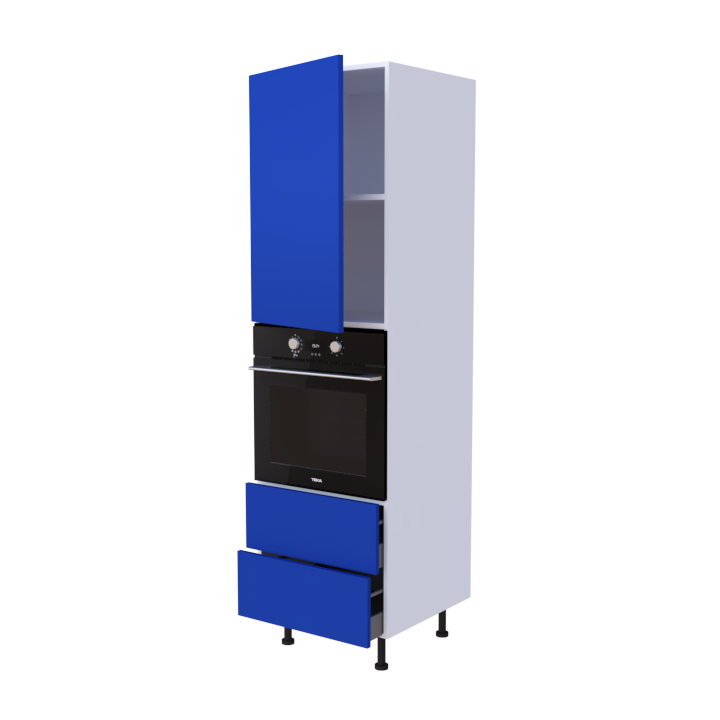 Colonne 1 placard + 2 tiroirs + four L60 x H200 x P58 - Bleu outremer Laqué Brillant - meuble livré monté