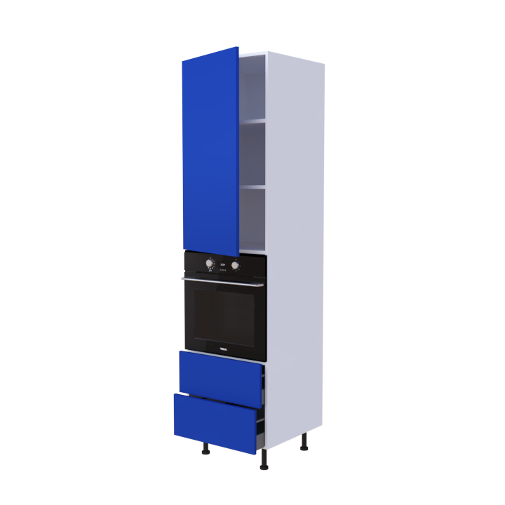 Colonne 1 placard + 2 tiroirs + four L60 x H220 x P58 - Bleu outremer Laqué Brillant - meuble livré monté