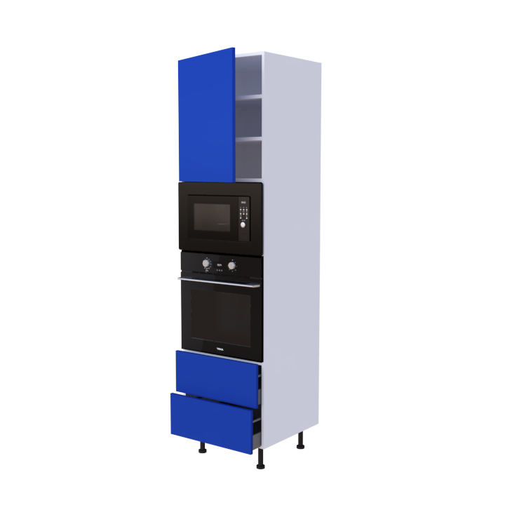 Colonne 1 placard + 2 tiroirs + four et micro-onde L60 x H220 x P58 - Bleu outremer Laqué Brillant - meuble livré monté