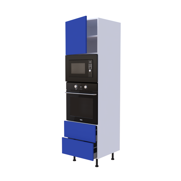 Colonne 1 placard + 2 tiroirs + four et micro-onde L60 x H200 x P58 - Bleu Outremer Mat - meuble livré monté
