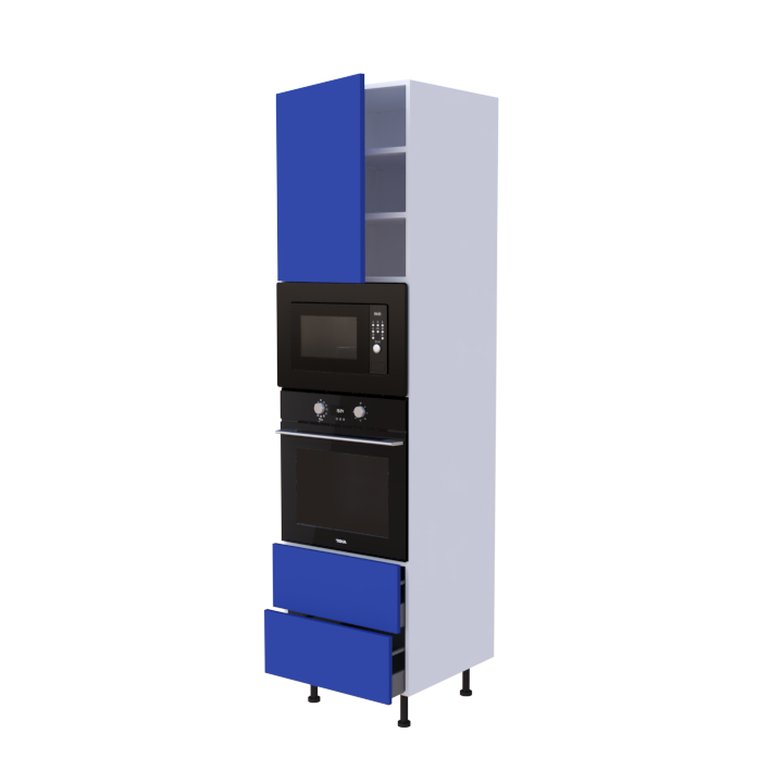 Colonne 1 placard + 2 tiroirs + four et micro-onde L60 x H220 x P58 - Bleu Outremer Mat - meuble livré monté