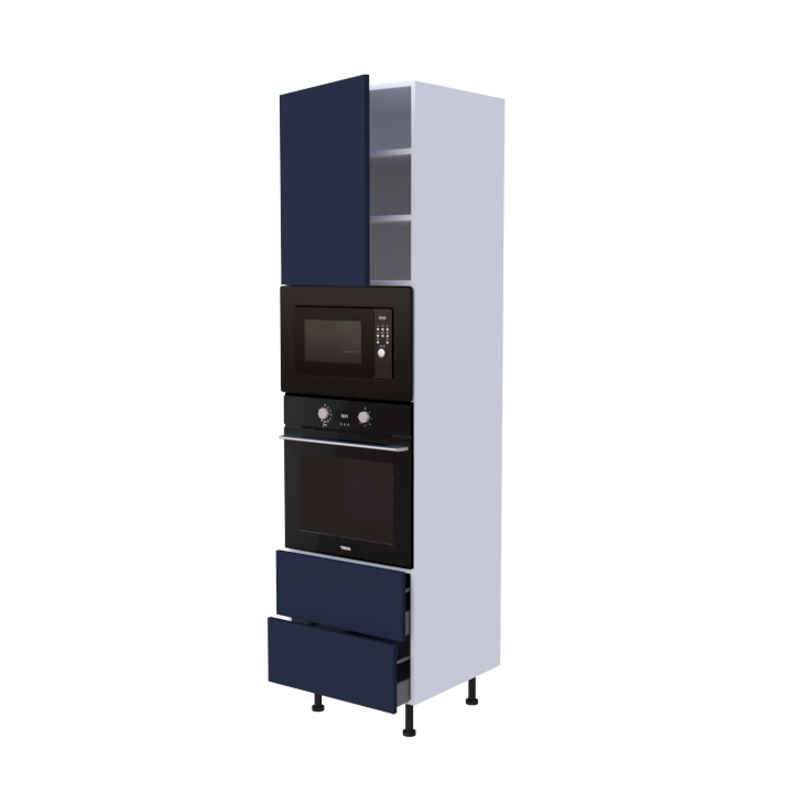 Colonne 1 placard + 2 tiroirs + four et micro-onde L60 x H220 x P58 - Bleu Oxford Mat - meuble livré monté