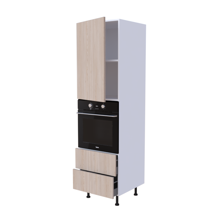 Colonne 1 placard + 2 tiroirs + four L60 x H200 x P58 - Bois Brume Scandinave - meuble livré monté