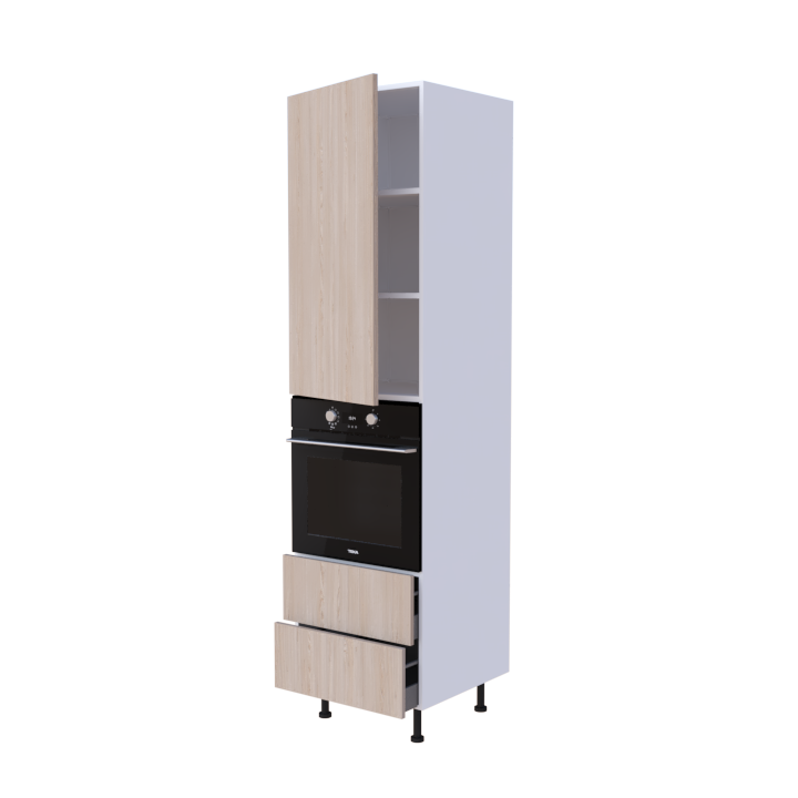 Colonne 1 placard + 2 tiroirs + four L60 x H220 x P58 - Bois Brume Scandinave - meuble livré monté