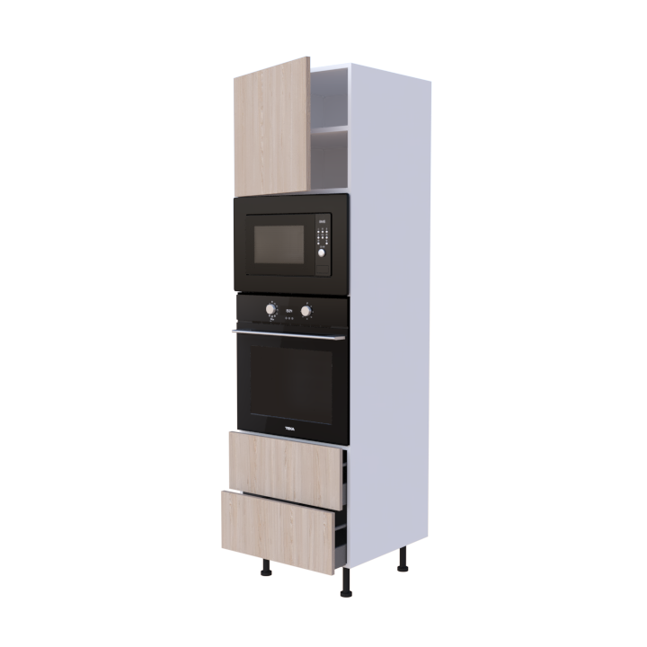 Colonne 1 placard + 2 tiroirs + four et micro-onde L60 x H200 x P58 - Bois Brume Scandinave - meuble livré monté
