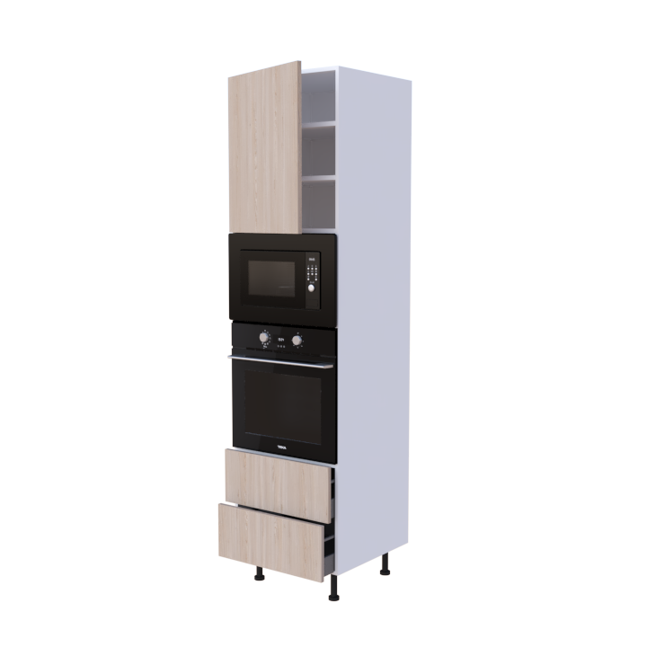 Colonne 1 placard + 2 tiroirs + four et micro-onde L60 x H220 x P58 - Bois Brume Scandinave - meuble livré monté