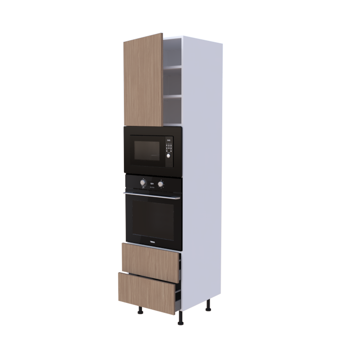 Colonne 1 placard + 2 tiroirs + four et micro-onde L60 x H220 x P58 - Bois Mélaminé Mat - meuble livré monté