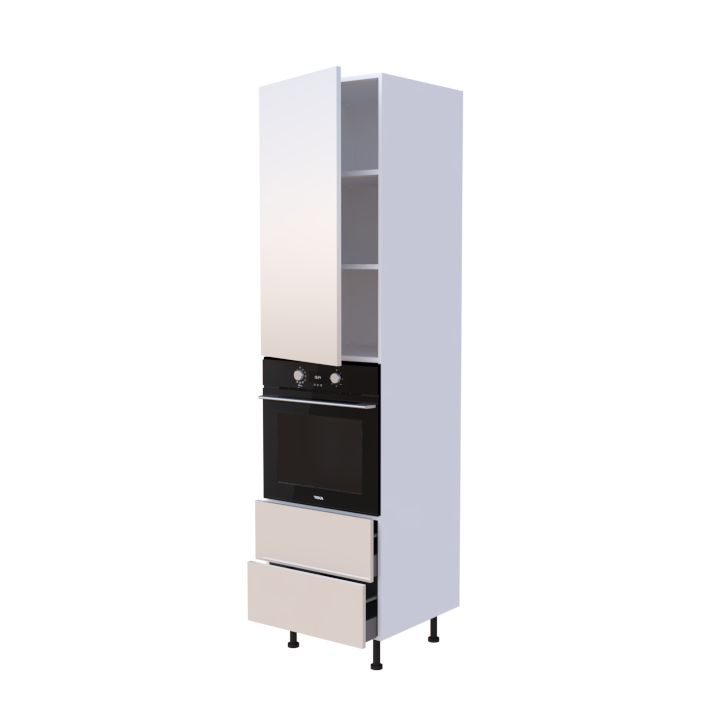 Colonne 1 placard + 2 tiroirs + four L60 x H220 x P58 - Café au Lait Laqué Brillant - meuble livré monté