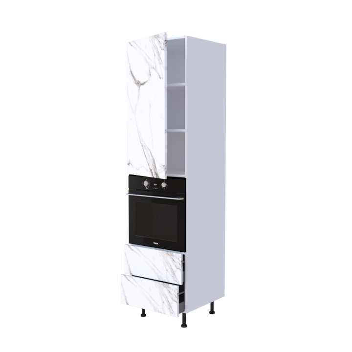 Colonne 1 placard + 2 tiroirs + four L60 x H220 x P58 - Calacata Prestige - meuble livré monté