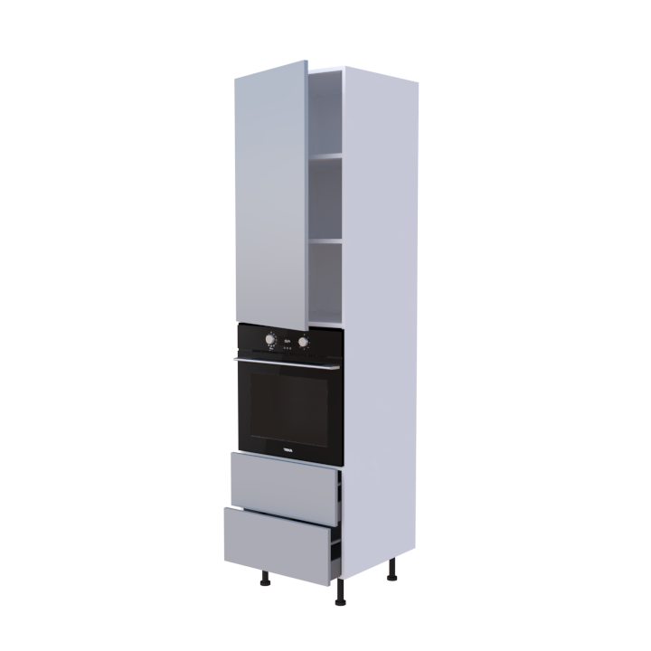 Colonne 1 placard + 2 tiroirs + four L60 x H220 x P58 - Cendre Laqué Brillant - meuble livré monté