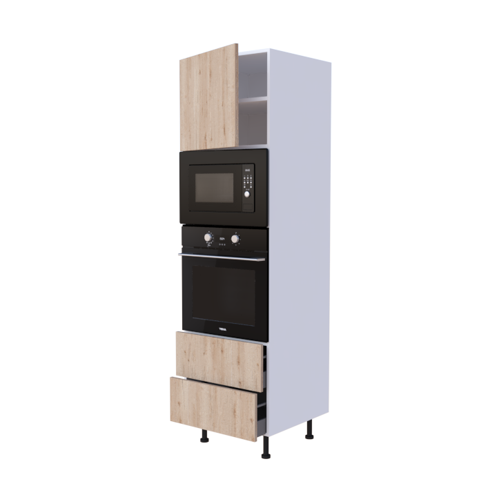 Colonne 1 placard + 2 tiroirs + four et micro-onde L60 x H200 x P58 - Chêne Amende Dorée - meuble livré monté
