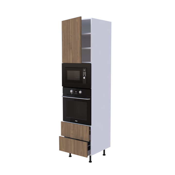Colonne 1 placard + 2 tiroirs + four et micro-onde L60 x H220 x P58 - Chêne Aneto - meuble livré monté