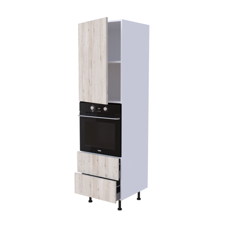 Colonne 1 placard + 2 tiroirs + four L60 x H200 x P58 - Chêne Blanchi Vieilli - meuble livré monté
