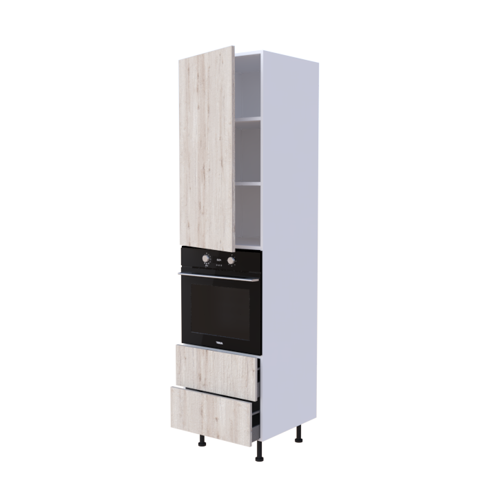 Colonne 1 placard + 2 tiroirs + four L60 x H220 x P58 - Chêne Blanchi Vieilli - meuble livré monté