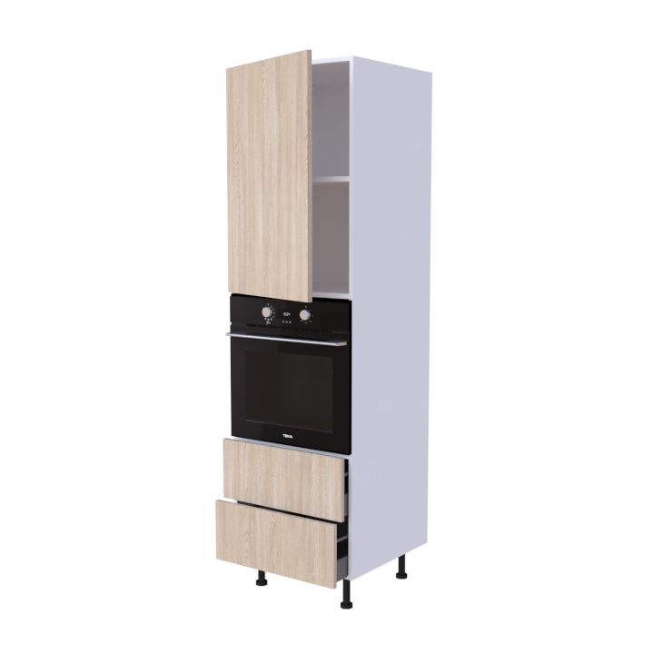 Colonne 1 placard + 2 tiroirs + four L60 x H200 x P58 - Chêne Blond Scandinave - meuble livré monté
