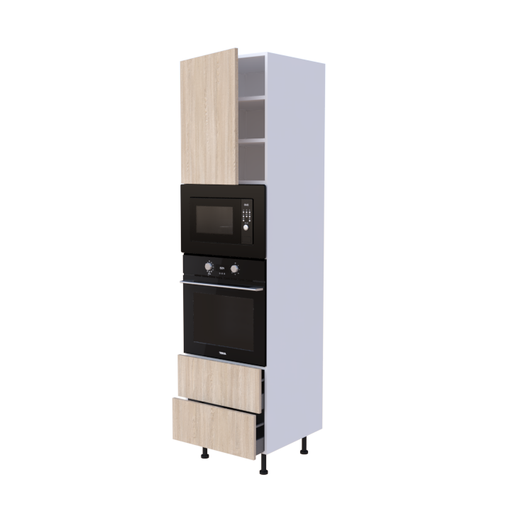 Colonne 1 placard + 2 tiroirs + four et micro-onde L60 x H220 x P58 - Chêne Blond Scandinave - meuble livré monté