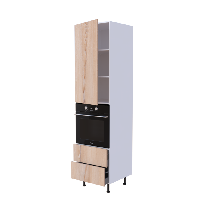 Colonne 1 placard + 2 tiroirs + four L60 x H220 x P58 - Chêne Brun - meuble livré monté