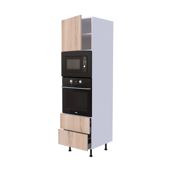 Colonne 1 placard + 2 tiroirs + four et micro-onde L60 x H200 x P58 - Chêne Brun - meuble livré monté