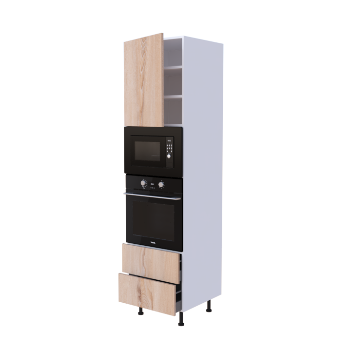 Colonne 1 placard + 2 tiroirs + four et micro-onde L60 x H220 x P58 - Chêne Brun - meuble livré monté