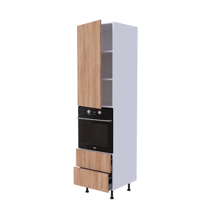 Colonne 1 placard + 2 tiroirs + four L60 x H220 x P58 - Chêne Caramel Nature - meuble livré monté