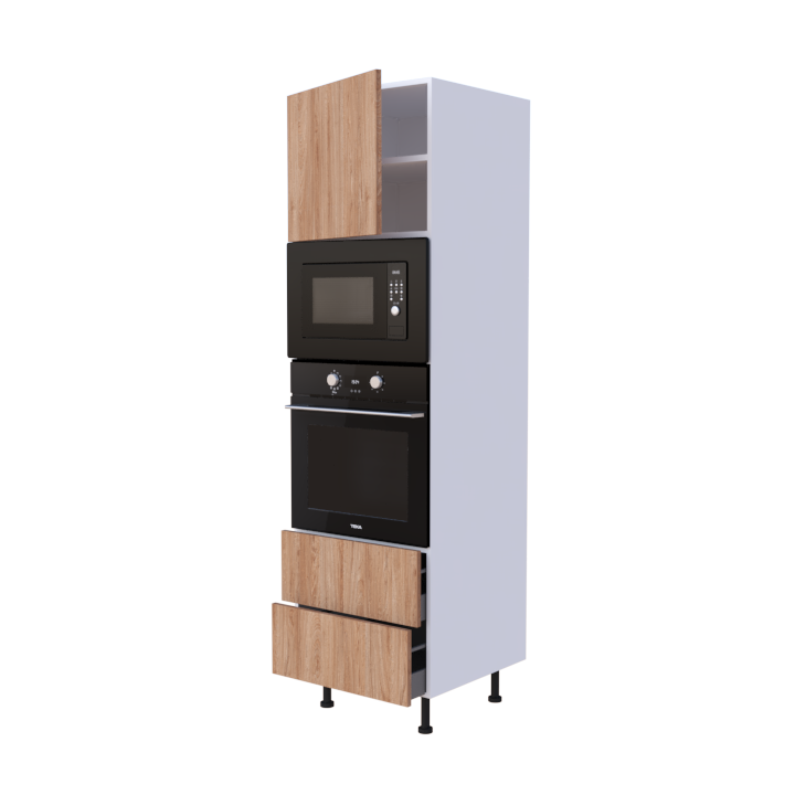 Colonne 1 placard + 2 tiroirs + four et micro-onde L60 x H200 x P58 - Chêne Caramel Nature - meuble livré monté
