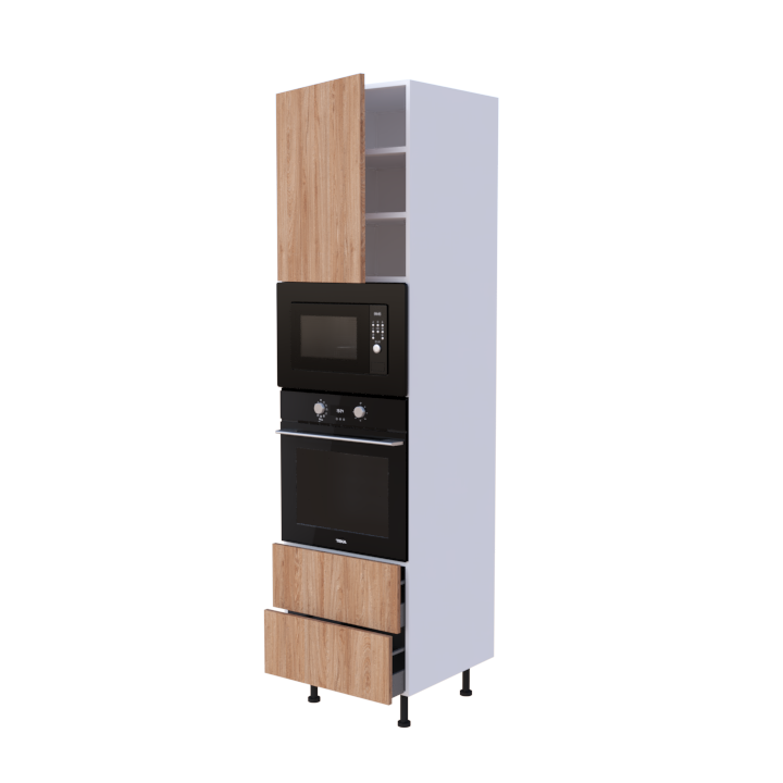 Colonne 1 placard + 2 tiroirs + four et micro-onde L60 x H220 x P58 - Chêne Caramel Nature - meuble livré monté