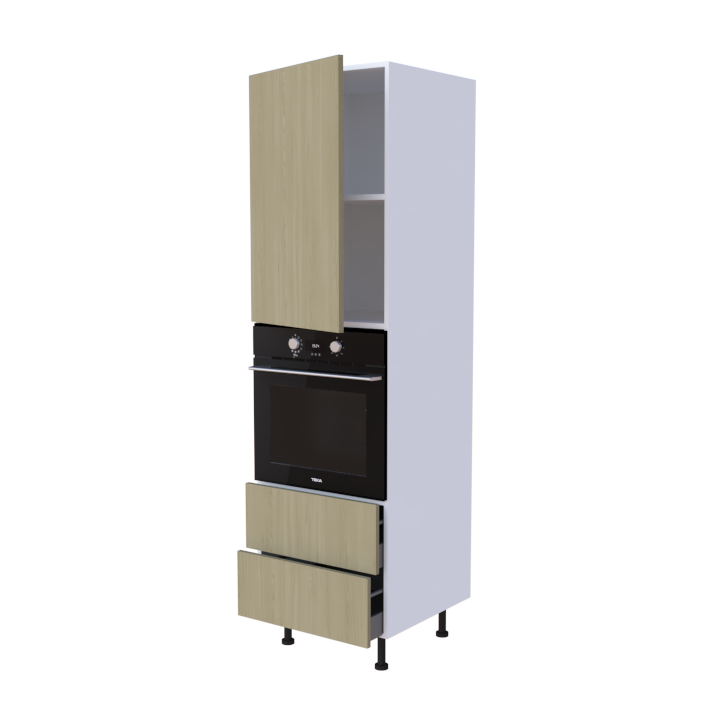 Colonne 1 placard + 2 tiroirs + four L60 x H200 x P58 - Chêne Clair - meuble livré monté