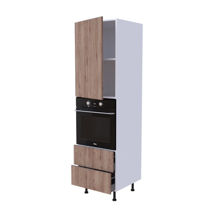 Colonne 1 placard + 2 tiroirs + four L60 x H200 x P58 - Chêne Fumé Rustique - meuble livré monté