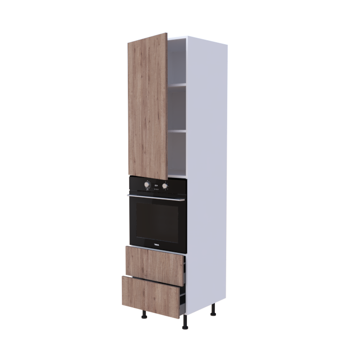 Colonne 1 placard + 2 tiroirs + four L60 x H220 x P58 - Chêne Fumé Rustique - meuble livré monté
