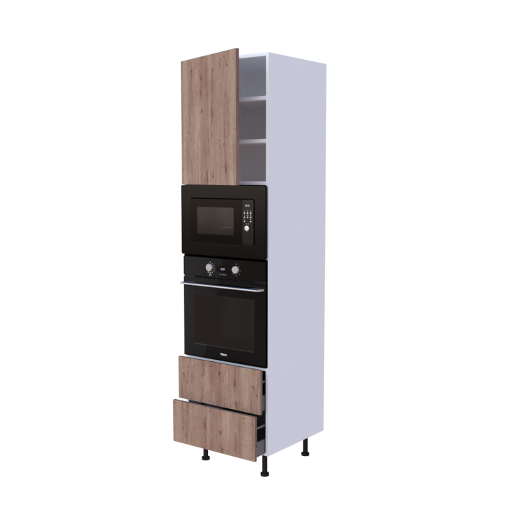 Colonne 1 placard + 2 tiroirs + four et micro-onde L60 x H220 x P58 - Chêne Fumé Rustique - meuble livré monté