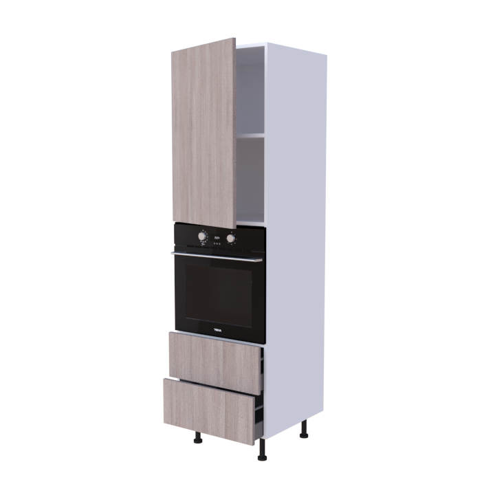 Colonne 1 placard + 2 tiroirs + four L60 x H200 x P58 - Chêne Greige Authentique - meuble livré monté
