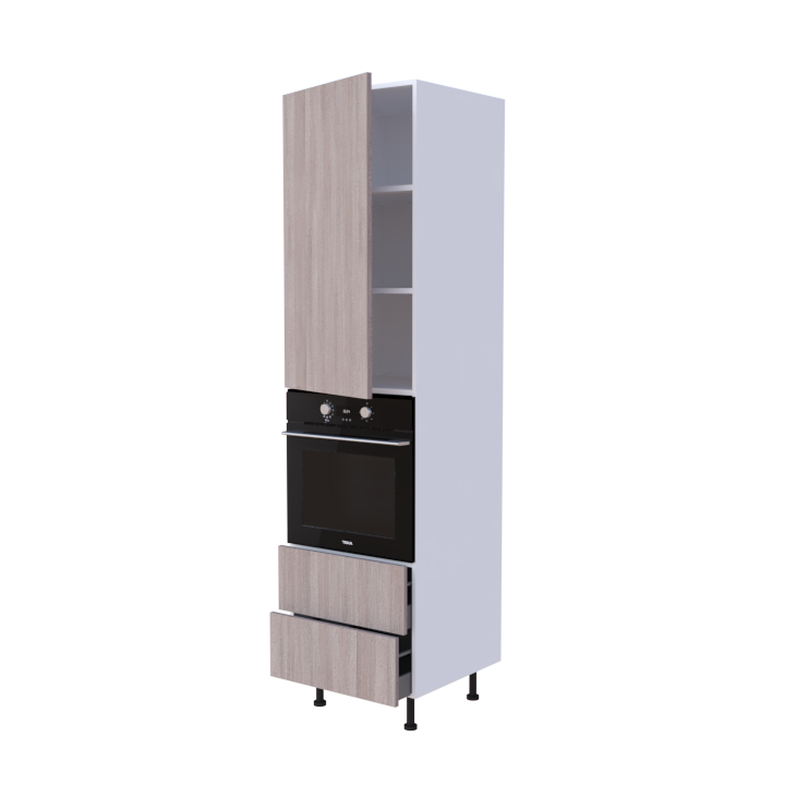 Colonne 1 placard + 2 tiroirs + four L60 x H220 x P58 - Chêne Greige Authentique - meuble livré monté