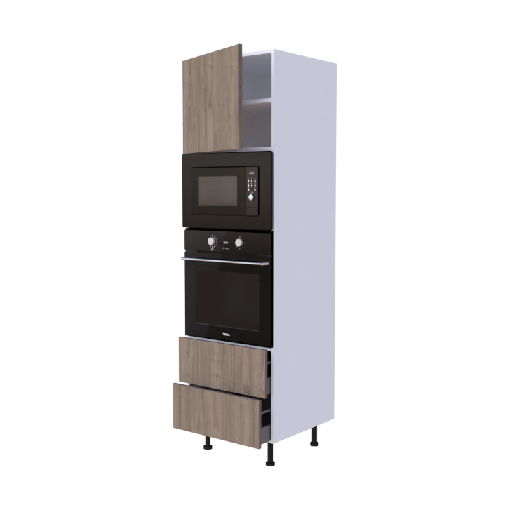 Colonne 1 placard + 2 tiroirs + four et micro-onde L60 x H200 x P58 - Chêne Grillé - meuble livré monté