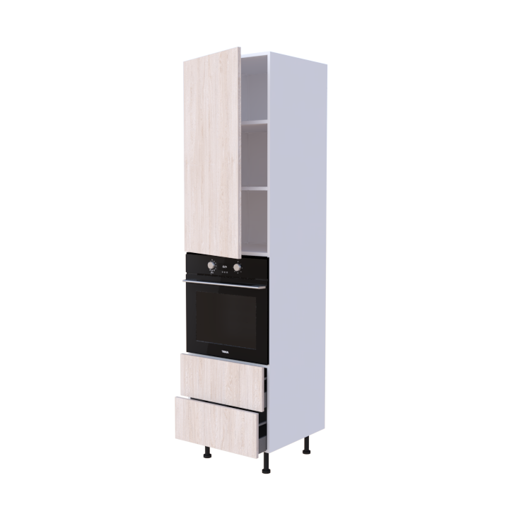 Colonne 1 placard + 2 tiroirs + four L60 x H220 x P58 - Chêne Lait d'Avoine - meuble livré monté