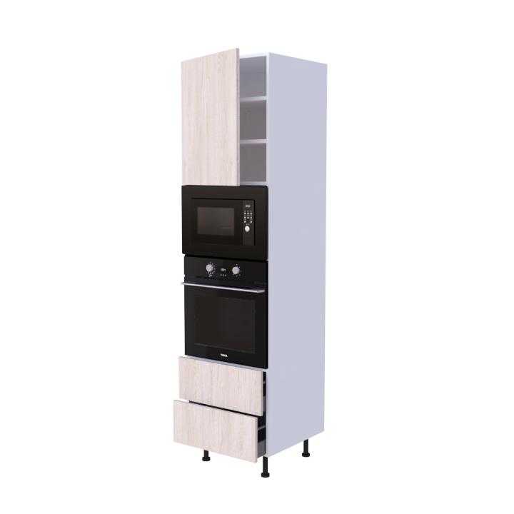 Colonne 1 placard + 2 tiroirs + four et micro-onde L60 x H220 x P58 - Chêne Lait d'Avoine - meuble livré monté