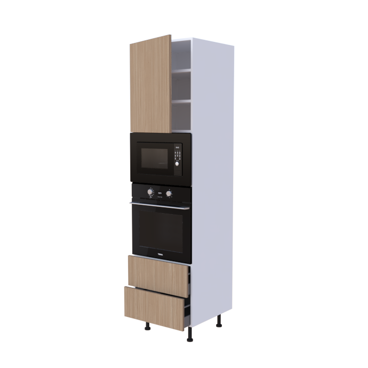 Colonne 1 placard + 2 tiroirs + four et micro-onde L60 x H220 x P58 - Chêne Latte nature - meuble livré monté