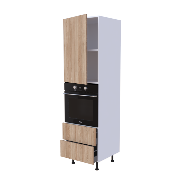 Colonne 1 placard + 2 tiroirs + four L60 x H200 x P58 - Chêne Lignée Sauvage - meuble livré monté
