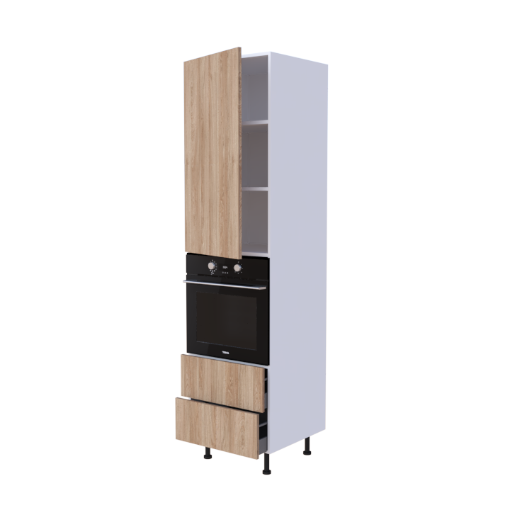 Colonne 1 placard + 2 tiroirs + four L60 x H220 x P58 - Chêne Lignée Sauvage - meuble livré monté