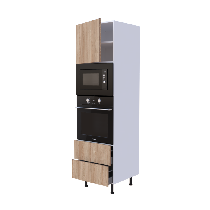 Colonne 1 placard + 2 tiroirs + four et micro-onde L60 x H200 x P58 - Chêne Lignée Sauvage - meuble livré monté