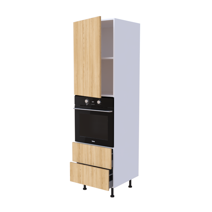 Colonne 1 placard + 2 tiroirs + four L60 x H200 x P58 - Chêne Miel Doré - meuble livré monté