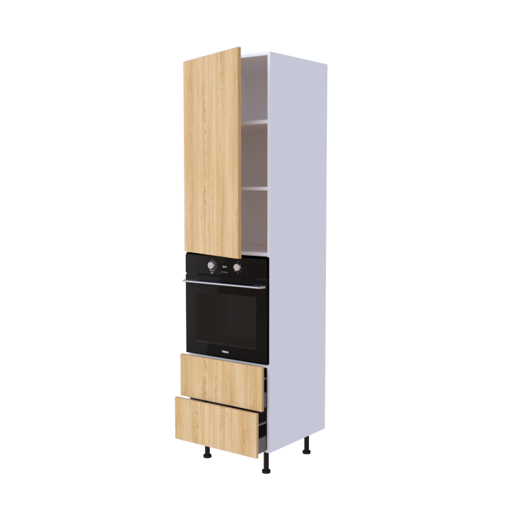 Colonne 1 placard + 2 tiroirs + four L60 x H220 x P58 - Chêne Miel Doré - meuble livré monté