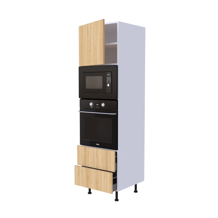 Colonne 1 placard + 2 tiroirs + four et micro-onde L60 x H200 x P58 - Chêne Miel Doré - meuble livré monté