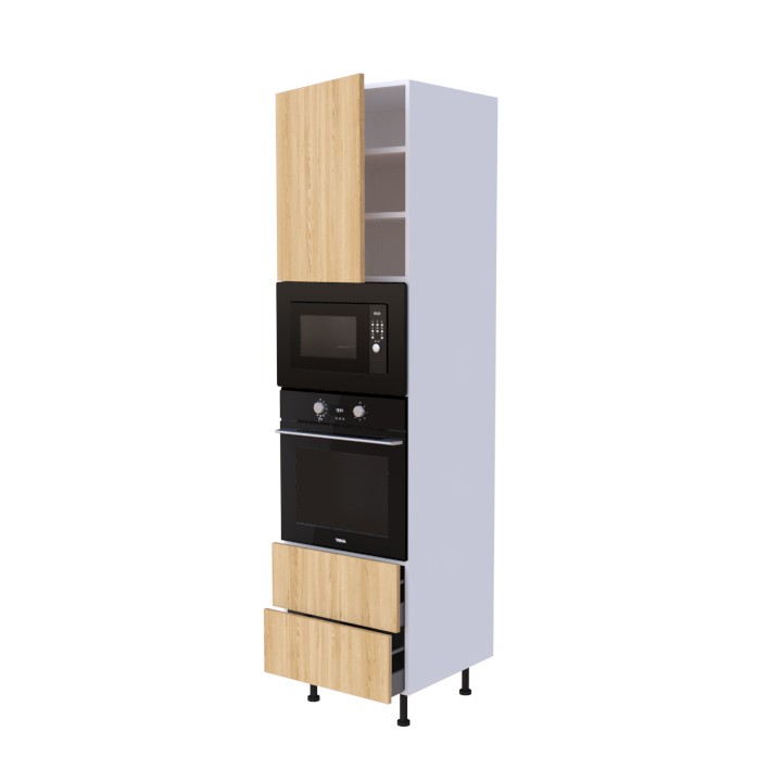 Colonne 1 placard + 2 tiroirs + four et micro-onde L60 x H220 x P58 - Chêne Miel Doré - meuble livré monté