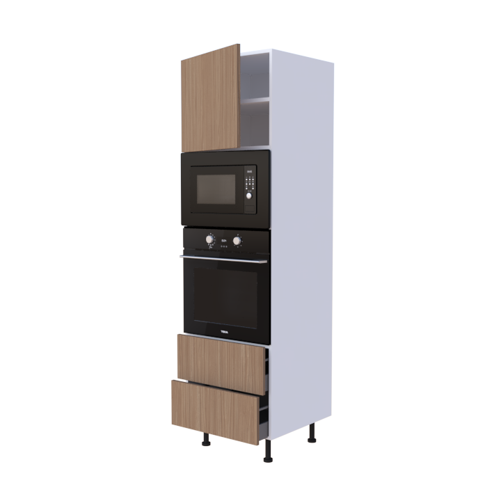 Colonne 1 placard + 2 tiroirs + four et micro-onde L60 x H200 x P58 - Chêne Noisette Bruni - meuble livré monté