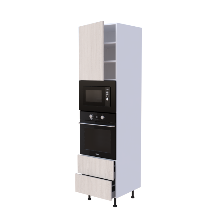 Colonne 1 placard + 2 tiroirs + four et micro-onde L60 x H220 x P58 - Chêne Sable Clair - meuble livré monté