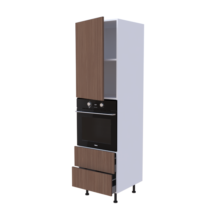 Colonne 1 placard + 2 tiroirs + four L60 x H200 x P58 - Chêne Satin Cendré - meuble livré monté