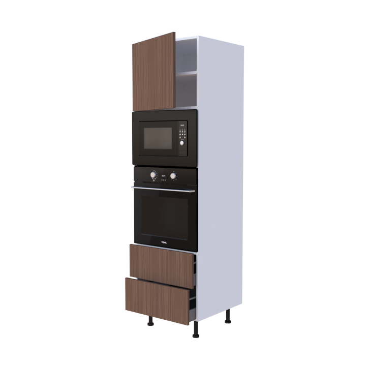 Colonne 1 placard + 2 tiroirs + four et micro-onde L60 x H200 x P58 - Chêne Satin Cendré - meuble livré monté