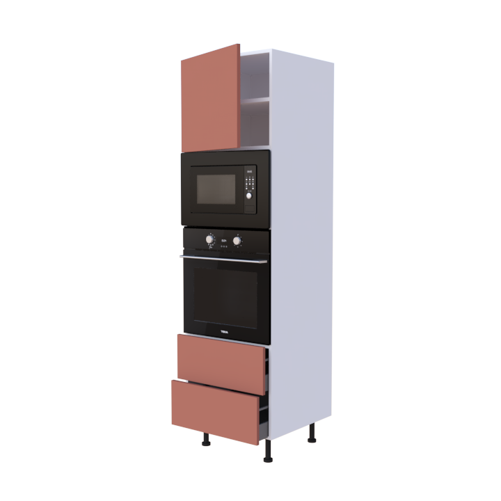 Colonne 1 placard + 2 tiroirs + four et micro-onde L60 x H200 x P58 - Corail Mat - meuble livré monté