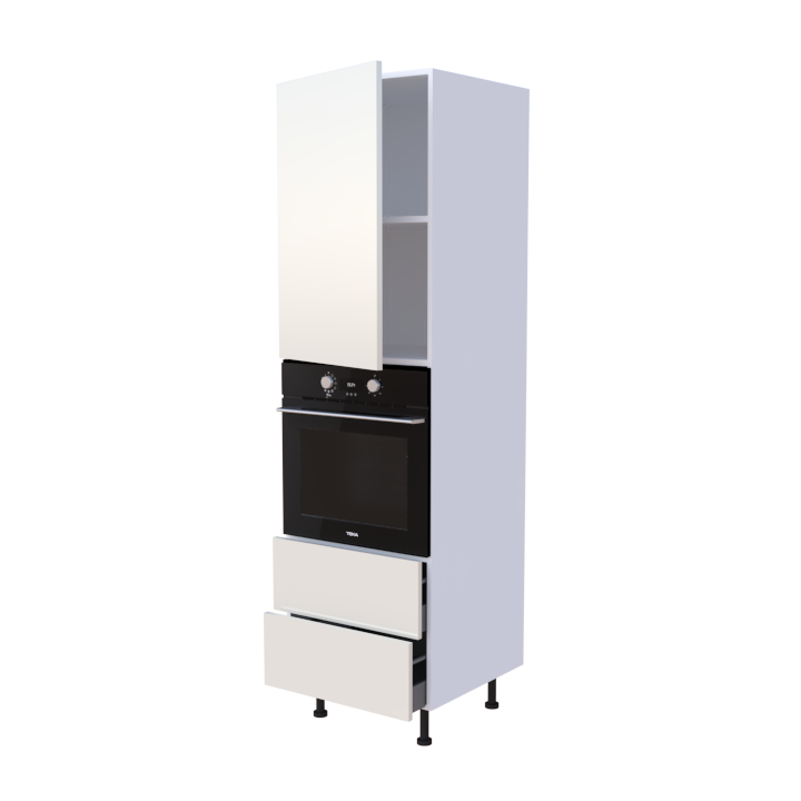 Colonne 1 placard + 2 tiroirs + four L60 x H200 x P58 - Crème Laqué Brillant - meuble livré monté